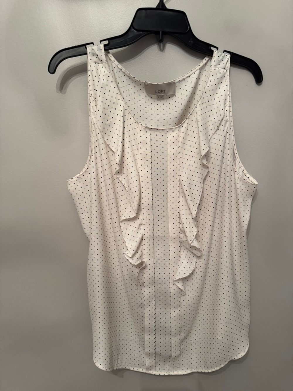 LOFT White with Black & Tan Polka Dot Ruffle Sleeveless Top